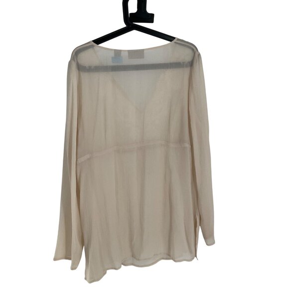 Sheer Beige silk Long Sleeve Embroidered Blouse Tie Waist  flowy boho feminine m - Picture 9 of 9